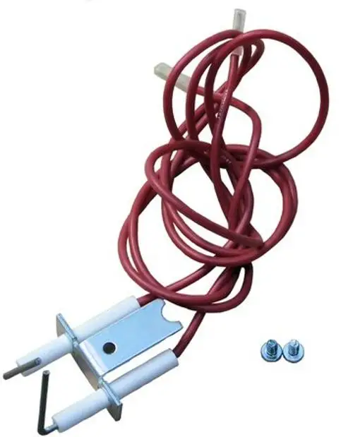 BOSCH Zündelektrode mit rotem Kabel und Stecker, inklusive Halterung und zwei Schrauben. Ideal für Anwendungen in Heizsystemen und ähnlichen Geräten.